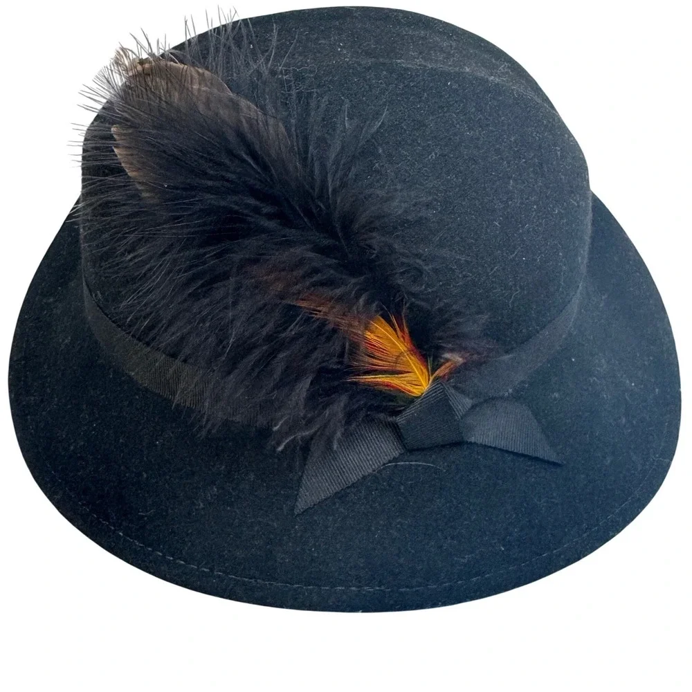 Vintage Lancaster Black 100% Wool Fedora Hat Feather Accent Made USA Unisex